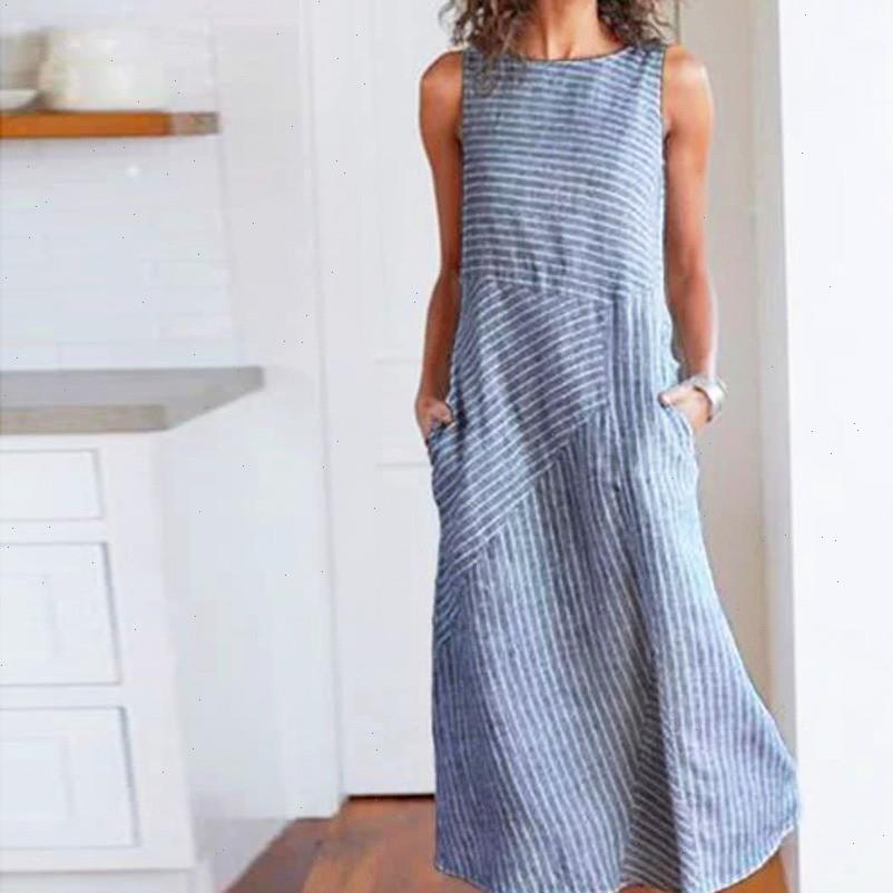 

women summer dress casual striped sleeveless crew neck linen pocket long dresses fashion beach vestidos, Black;gray