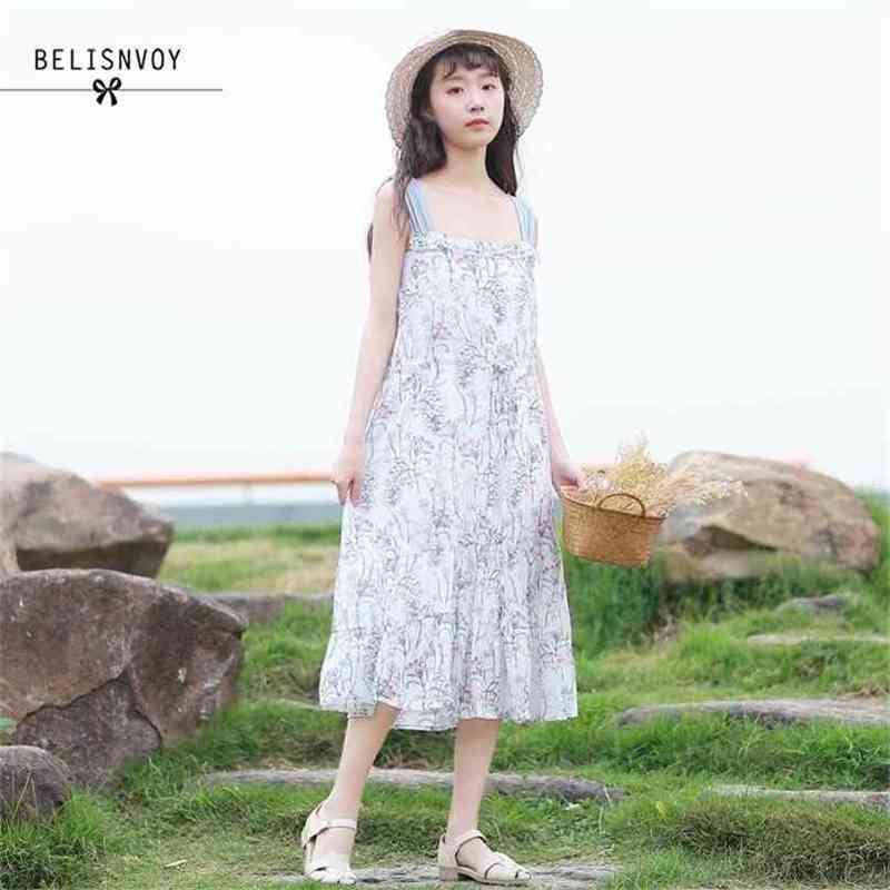 

Mori Girl Summer Women Dresses Suspenders Floral Printed Backless Vestidos Mujer Chiffon Sweet Elegant Midi Holiday Beach Dress 210520, White