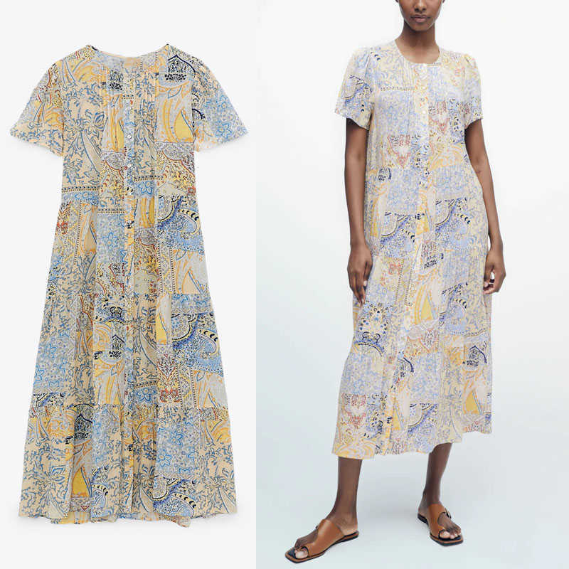 

Women Vintage Print Midi Summer Dresses Za Short Sleeve Front Pin Tuck Elegant Party Dress Woman Chic Button Up Loose Dress 210602, As picture