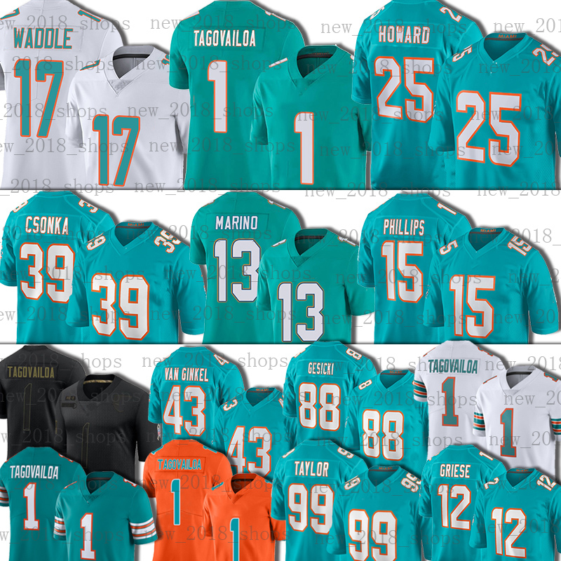 

1 Tua Tagovailoa Jersey 25 Xavien Howard Mike Gesicki MiamiDolphinsFootball 17 Jaylen Waddle DeVante Parker Jason Taylor Jerome Baker Phillips Van Ginkel, Custom men jersey