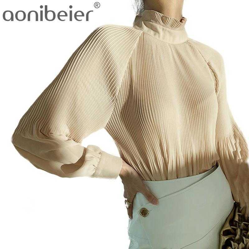 

Korean Pleated Perspective Blouse Shirts Casual Ruffle Stand Neck Blusas Elegant Lantern Long Sleeve Pullover Top 210604, Beige