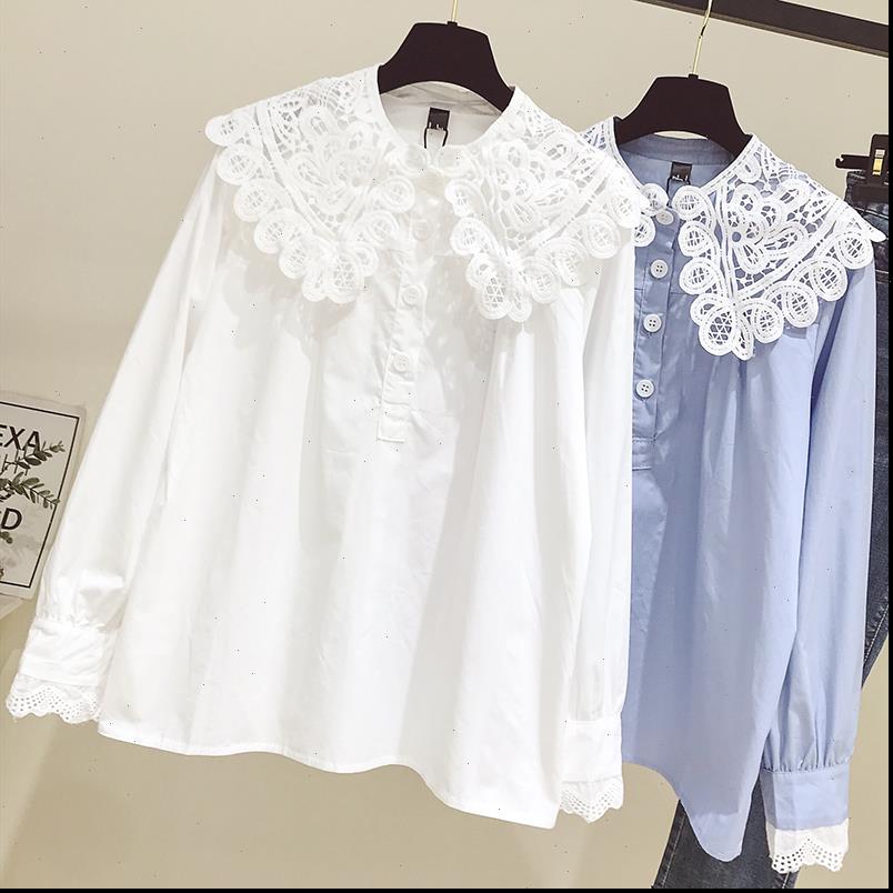 

Womens Shirt Lace Lapel Long Sleeve Fall Korean Loose Casual Blouse Women Fashion street Large Size white blue Tops