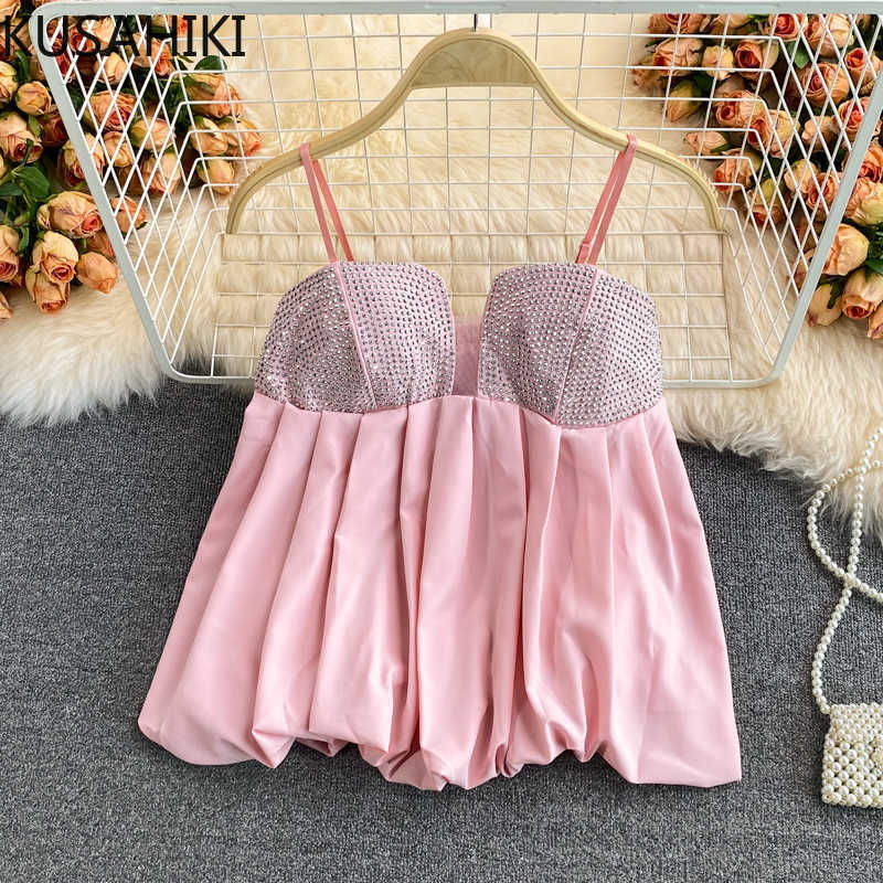 

KUSAHIKI Korean Diamonds Patchwork Womens Tops Causal Pleated A-line Sweet Camis Summer Tanks Top Female 6J750 210602, White