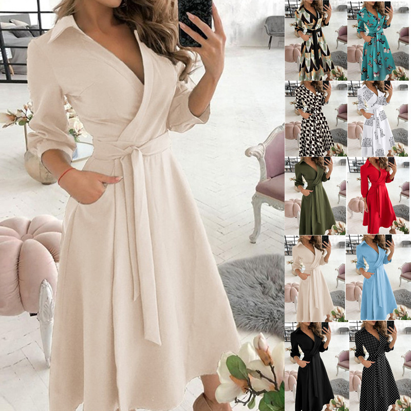 

Women Casual Dress Spring Summer Autumn Ladies Long Sleeve V-Neck Printing Mid-length Skirt StreetWear High Waist Pullover Loose Midi-skirt A-lineskirt
