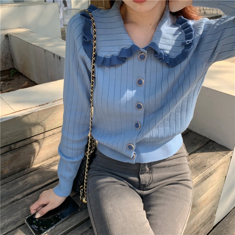 

2021 Autumn winter korean style peter pan collar knittd cardigans womens Stripe sweaters cardigans womans (R99493), White;black