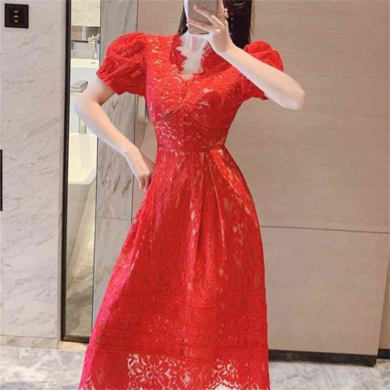 

Vintage Self Portrait Floral Maxi Dress For Women V-Neck Ruffle Sleeve High Waist Patchwork Lace Dresses Female Summer 210603, Red