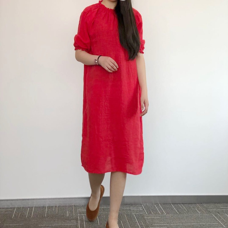 

Johnature Women 4 Color Fashion O-neck Short Sleeve Cotton Linen Lace Up Dresses Summer Loose Comfortable Leisure Dress 210521, Yellow