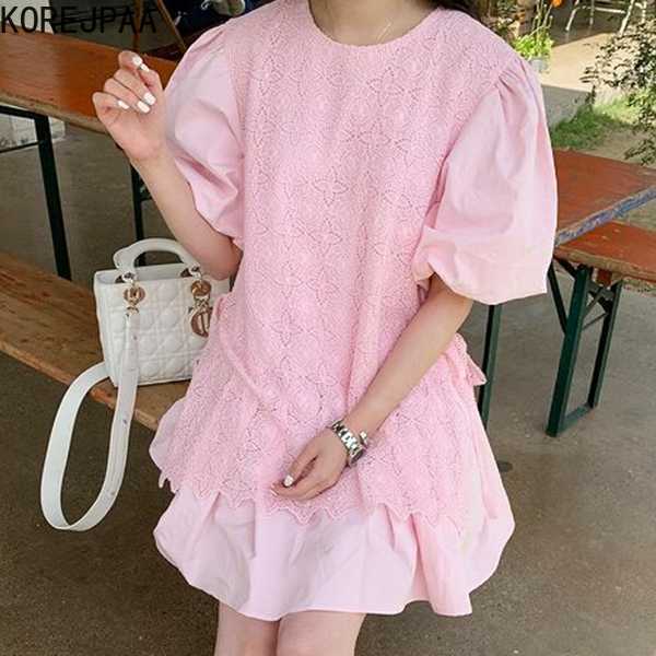 

Korejpaa Women Dress Summer Age-Reducing Sweet Round Neck Heavy Industry Lace Crochet Stitching Lantern Sleeve Vestidos 210526, Pink