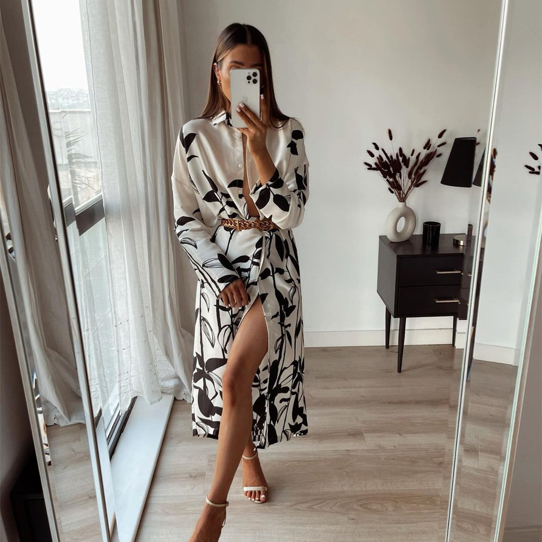 

Oversize Printed Single Breasted Women Midi Dress Long Sleeve Button-Up Vintage Shirt-Style Long Dresses 210521, As pic