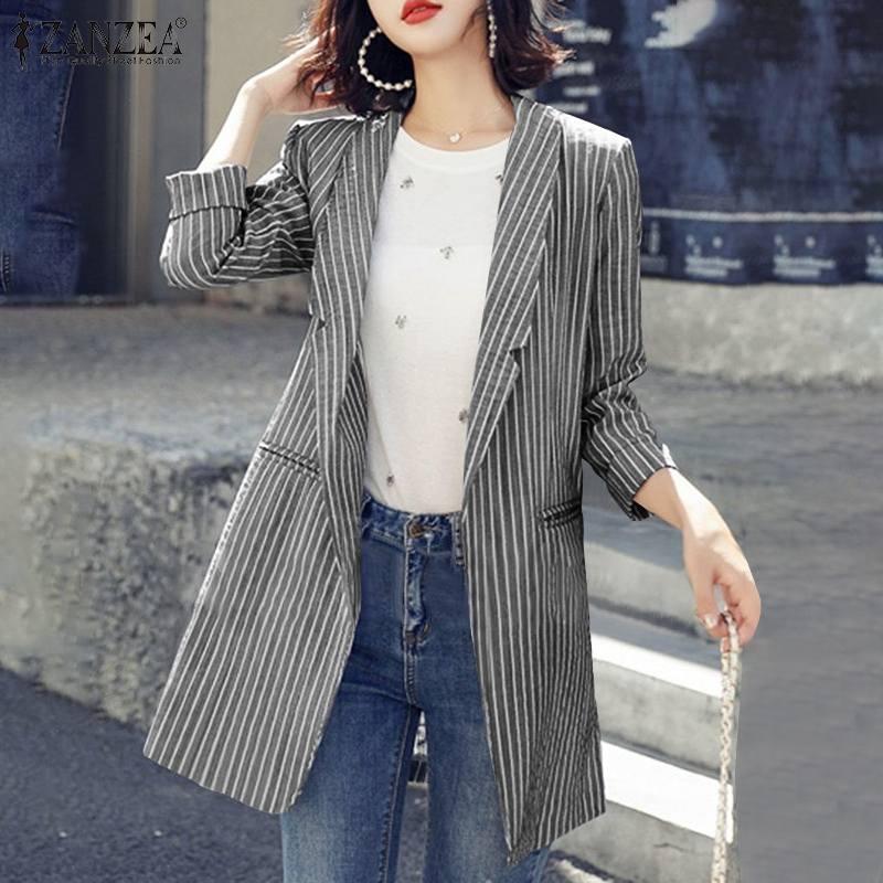 

Women' Suits & Blazers Autumn Women Loose Cotton Lapel Blazer Long Sleeve Stripe Printed Office Suit Bohemian Fashion Casual Outwear, Black
