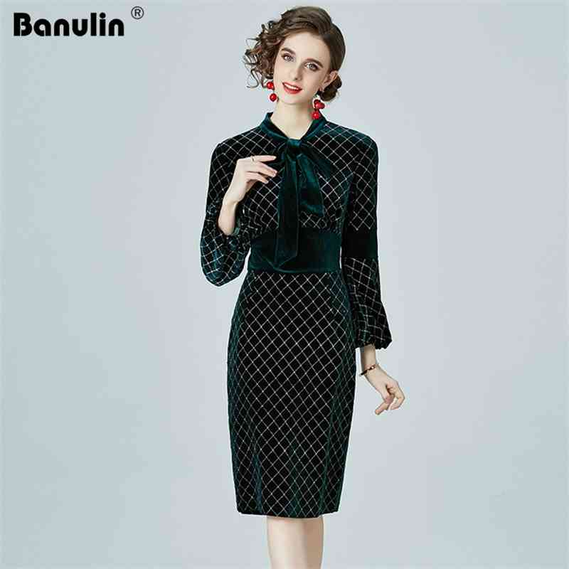 

Banulin Vintage Runway Elegant Glitter Velvet Knee Length Women Office Work Dress Bowknot Collar High Waist Plus 3xl 210603, Black
