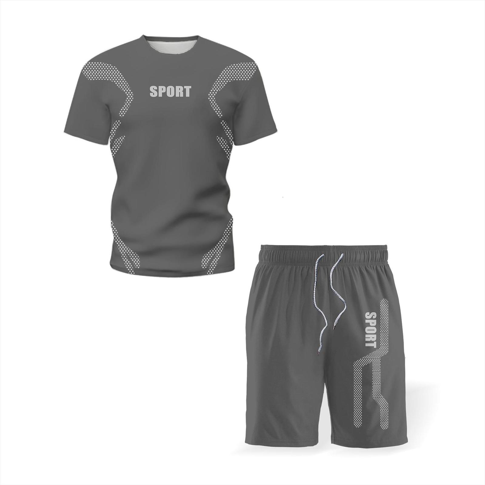 

summer two piece men tracksuit t shirt and shorts sport suit round neck casual fitness set polyester material clothing, Gray