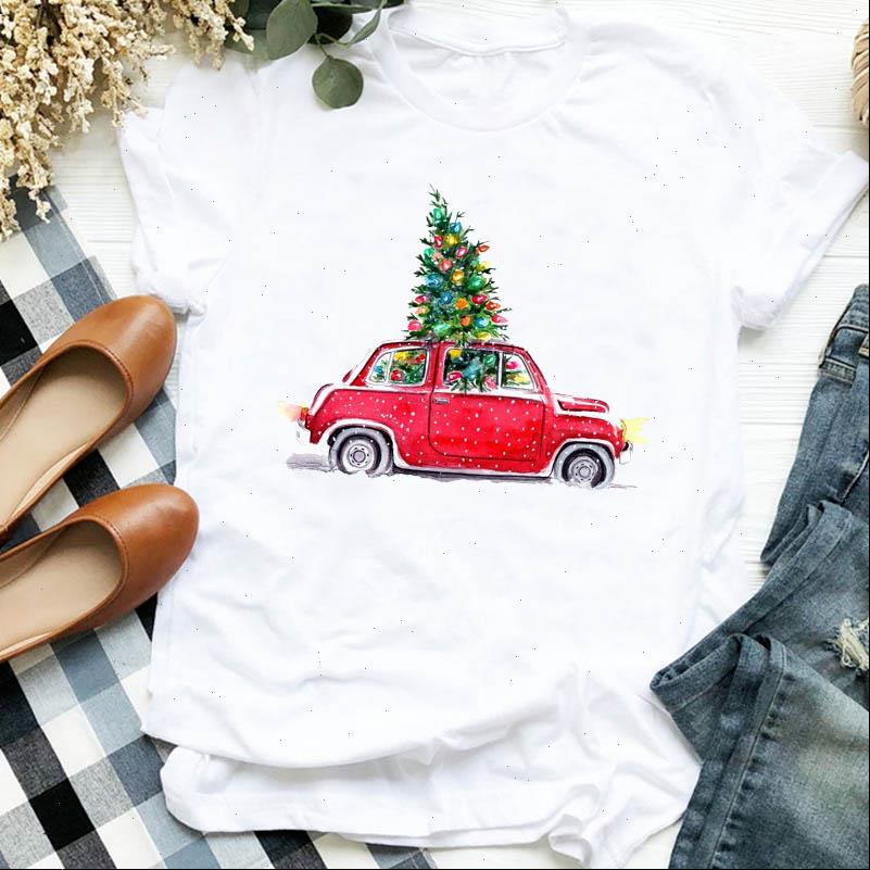 

Womens Tops Women Lady Cartoon Car Snow Tree Fashion Style Trend 90s Merry Christmas Tshirt Female Top Graphic Clothes Shirt, White
