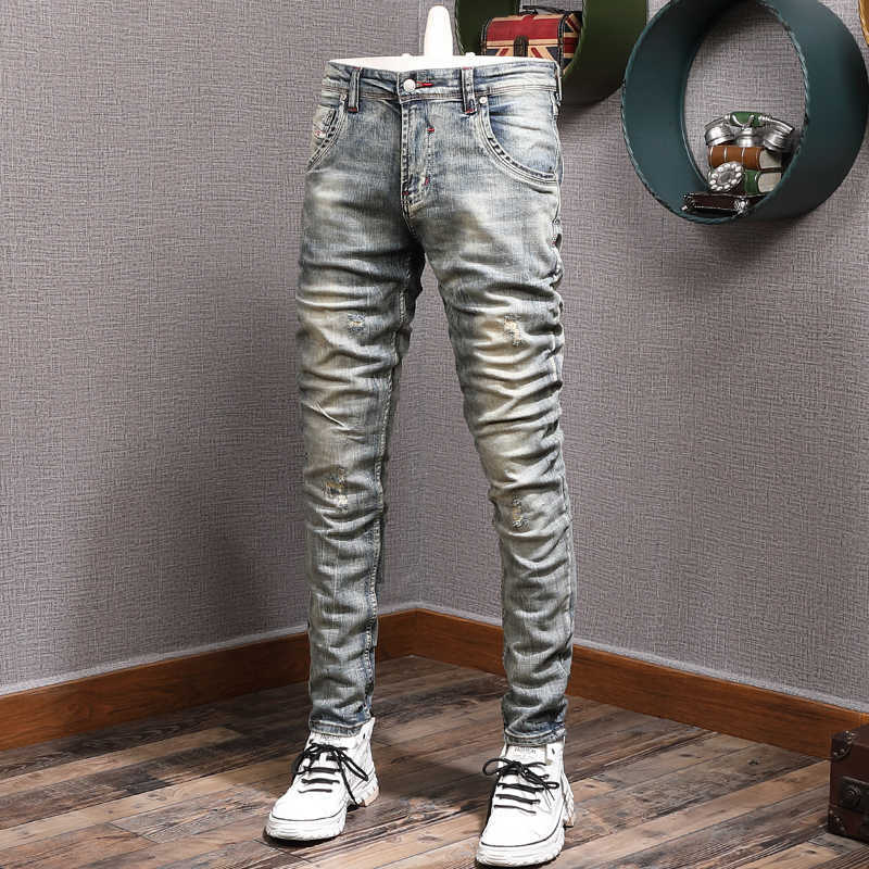 

European Vintage Fashion Men Jeans Retro Wash Elastic Slim Fit Ripped Distred Designer Casual Cotton Denim Pants R8GT, Retro blue