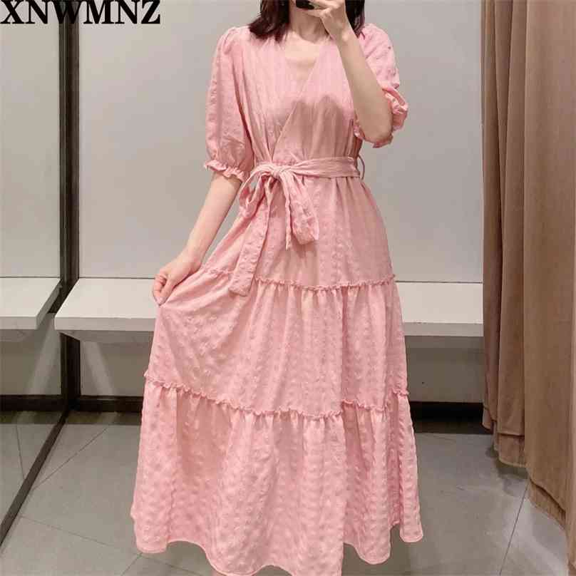 

Women Vintage Solid Dress Summer Short Sleeve V-Neck Cross Bandage Bow Tie es Female Elegant Chiffon vestidos 210520, Pink