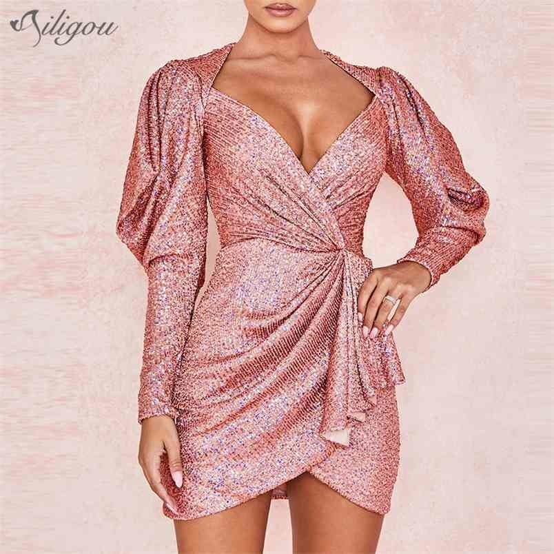 

Summer Women's Dress Sexy V-neck Sequins Bubble Long Sleeve Tight Mini Vestidos Club Party 210525, Pink