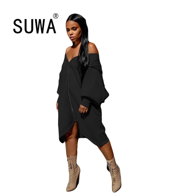 

Black Zipper-Up Hooded Long Sleeve Loose Dress Autumn Winter Warm Plush Clothing Casual Streetwear Plus Size Mini Vestidos 210525