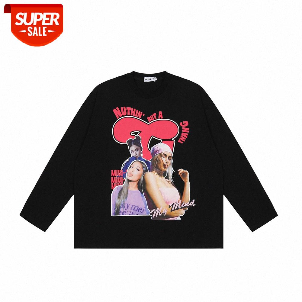 

Wind character print long-sleeved T-shirt men's street hip-hop flow loose round neck bottoming shirt #kv12, White;black
