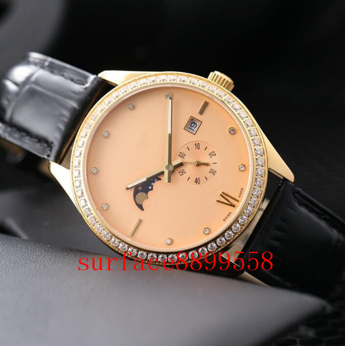 

mens watches automatic watch 40mm 316L fine steel gold color diamond calendar sapphire man movement wristwatches leather belt, Water proof 50m