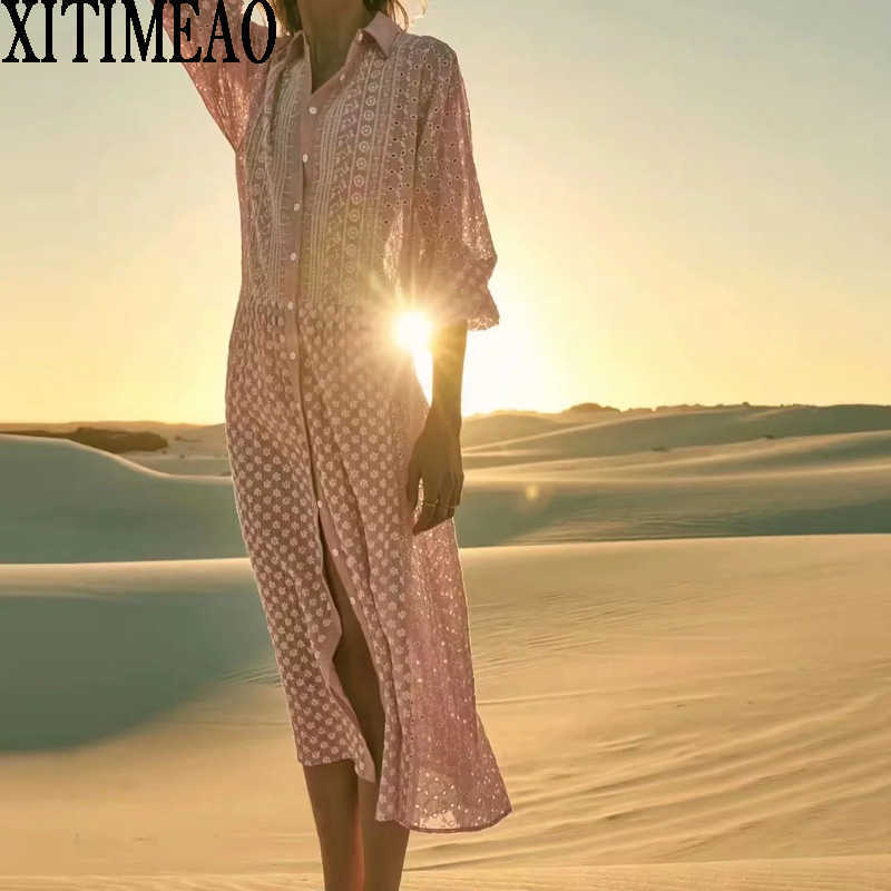 

Za Women Lace Embroidery Dress Long Sleeve Lapel Loose Straight Skirt Female Holiday XITIMEAO 210604, Pink