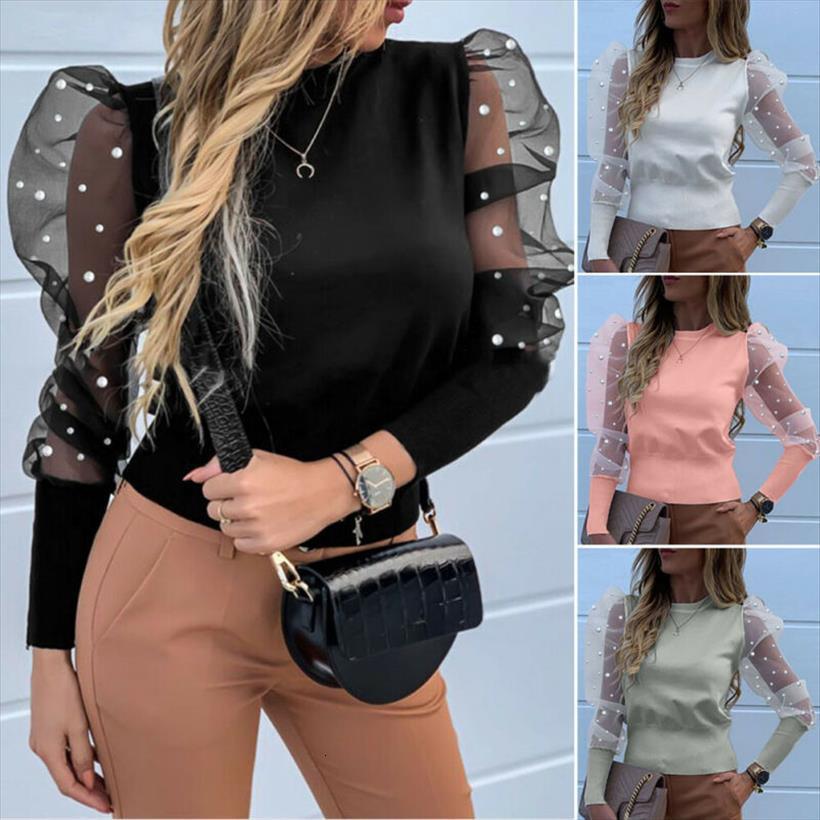 

fashion long sleeve sheer mesh womens blouses puff vintage pearls baggy o neck shirts female blusas, White
