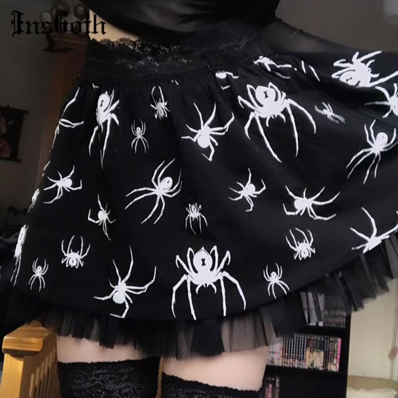 

gothic spider print black goth womens skirt grunge high waist lace patchwork mini y2k harajuku summer a line skirts
