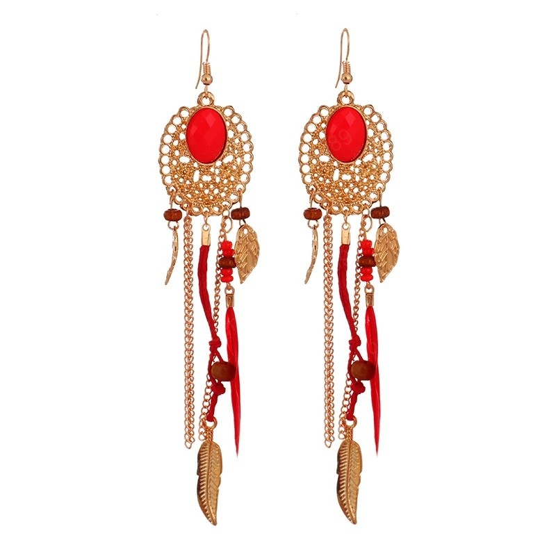 

Boho Leaf Feather Tassel Earring Thailand Jewelry Vintage Ethnic Summer Gold Long Chain Alloy Hollow Dangle Earrings For Women