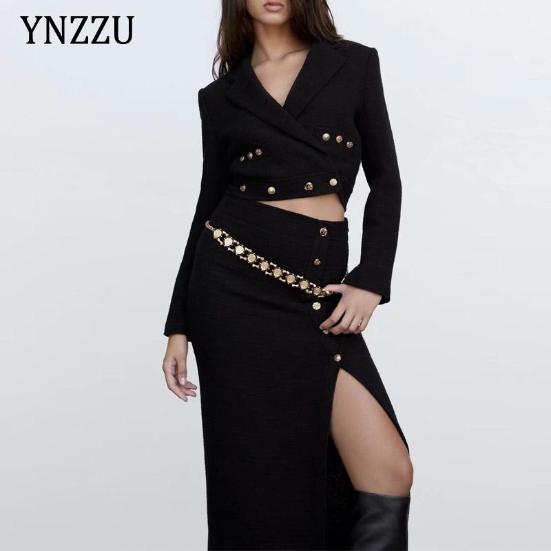 

Two Piece Dress Fashion Women Cropped Buttoned Blazer Jacket 2021 Autumn WInter Office Lady Suite Set High Waist Skirt YNZZU 1O229, White