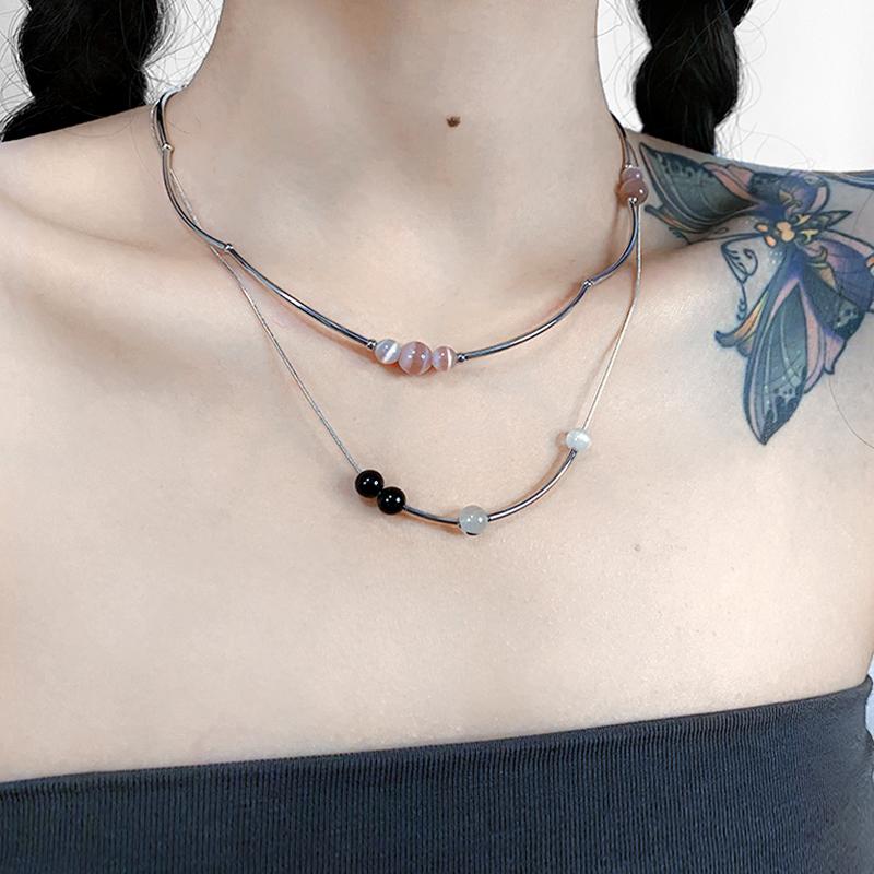 Chokers HUANZHI 2021 Design Minimalist Black Purple Transparent Opal Steel Titanium Beaded Necklace For Women Man Couple Accessories-image-709078354