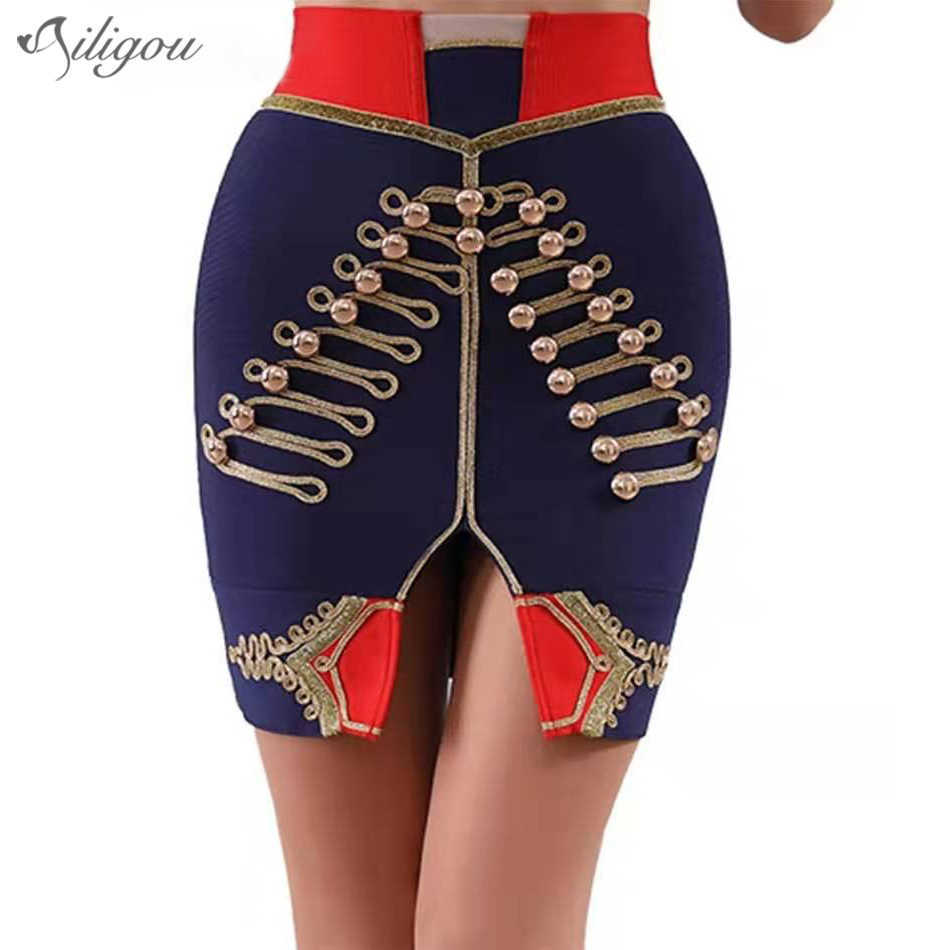 

Summer Women'S Bandage Mini Skirt Sexy Button Split Fork Vestidos Club Party 210527, Army green