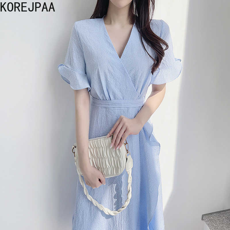 

Korejpaa Women Dress Summer Korean Chic Elegant Tender Solid Plaid V-neck Ruffle Stitching Irregular Bandage Waist Dresses 210526, Red
