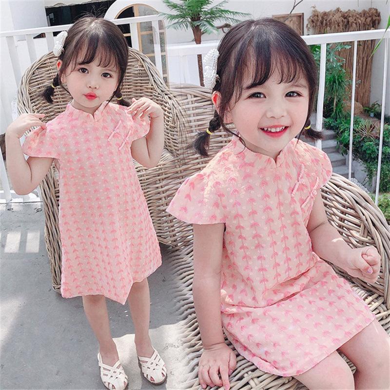 

Ethnic Clothing 2021 2-11Y Chinese Cheongsam For Girls Hanfu Lace Dresses Kids Pink Plaid Short Sleeve Qipao Princess Summer Blue