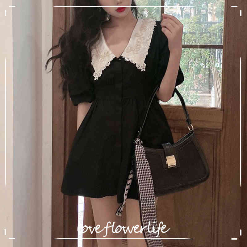 

French Vintage Mini Dress Women Casual Short Sleeve Gothic Black Elegant Dress Female Summer Outwear Dress Korean 210521