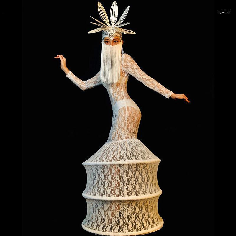 

Tassel Masked Headdress White Lace Circle Perspective Dress Nightclub Party Women Singer Stage Costume Models Catwalk Show Wear1, Set