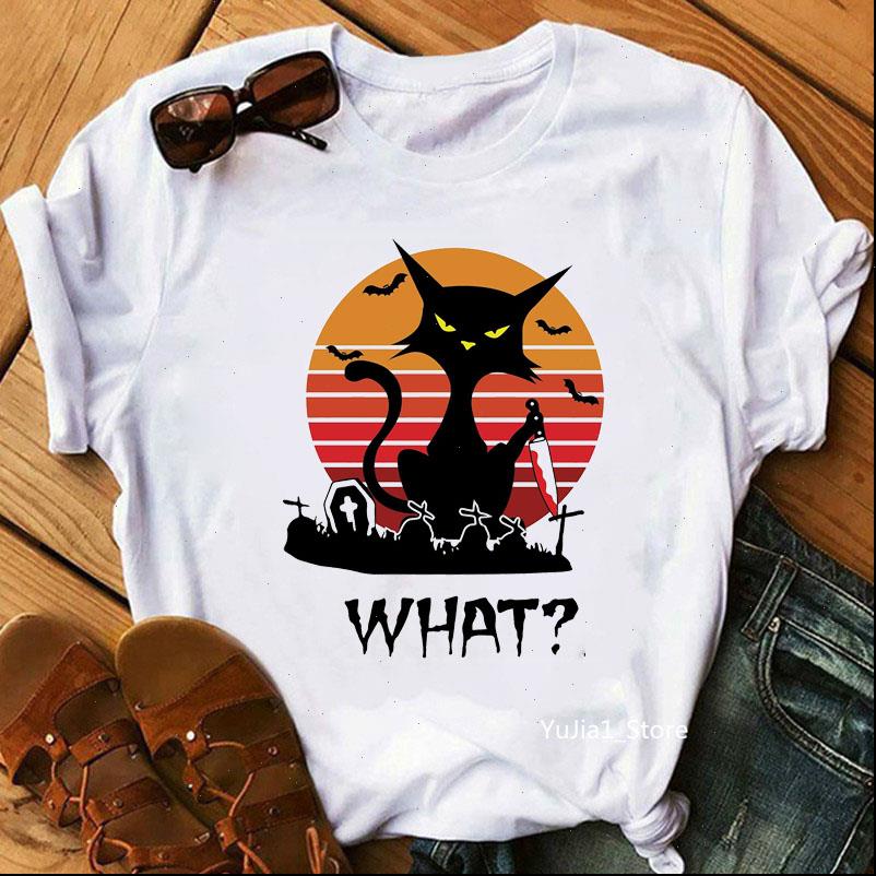 

Womens T Shirts Black Cat What Graphic Print Tshirts Women Murderous Knife Shirt Femme funny summer tops Female Harajuku, White