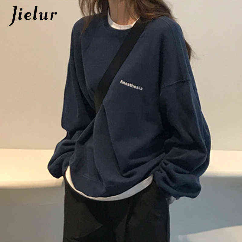 

Fashion-Jielur Kpop Letter Hoody Fashion Korean Thin Chic Women's Sweatshirts Cool Navy Blue Gray Hoodies for Women -XXL