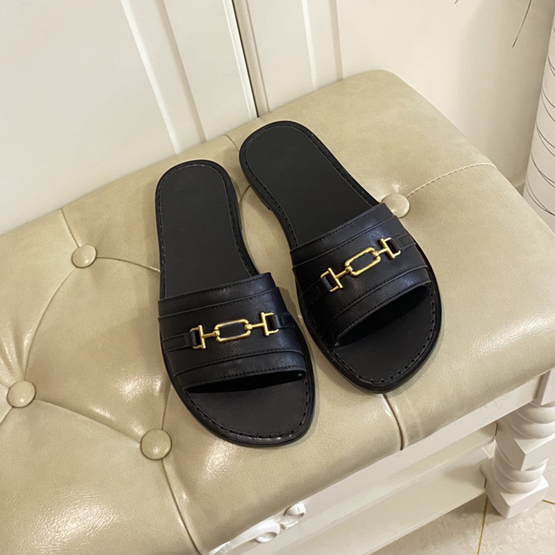 

Designer Womens Slippers Brand Print Metal Buckle Slide Luxury Flat Rubber Sandals Ladies Solid Letter All-match Slipper With Box