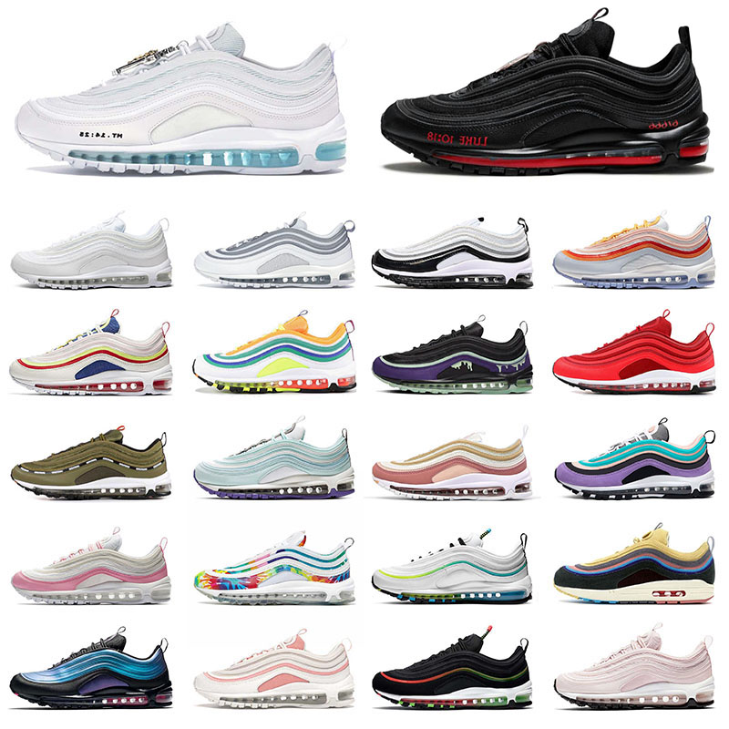 

Authentic 97s Mens Womens Trainers Satan Running Shoes MSCHF x INRI Jesus Sports Sneakers Sean Wotherspoon Black Bullet White Ice UNDEFEATED Purple size 36-45, A19 bleached coral 36-40