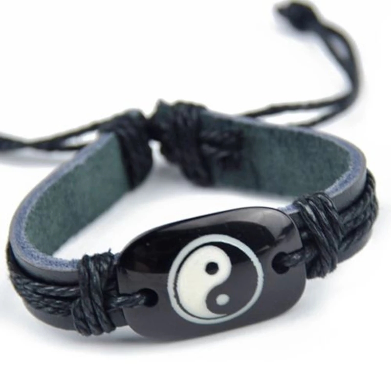 Cool Boy men women's Taoism Tai Chi Yin Yang Leather bracelets Adjustable hemp rope bangle gift-image-747858274