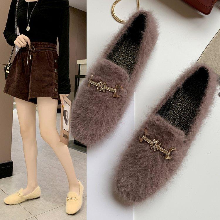 

Lovely Flat Shoes With Diamond Women's Soft Bottom Plush Leisure Lefu Fashion White Nude Dance Slippers, Black