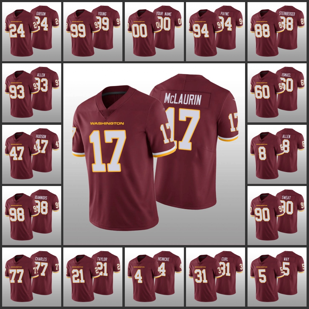 

Washington''Football''Team''Men #21 Sean Taylor 99 Chase Young 17 Terry McLaurin Women Youth Custom Burgundy V, Black;red
