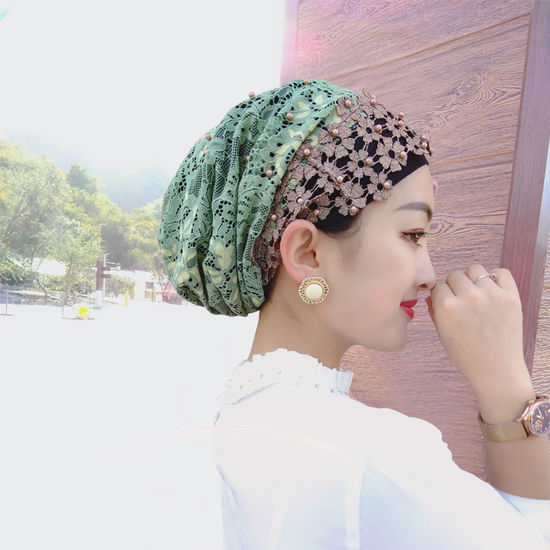 

beading womens turban cap embroidery muslim headscarf bonnet ready to wear turban hijabs femme head wraps islamic inner hijabs, Blue;gray