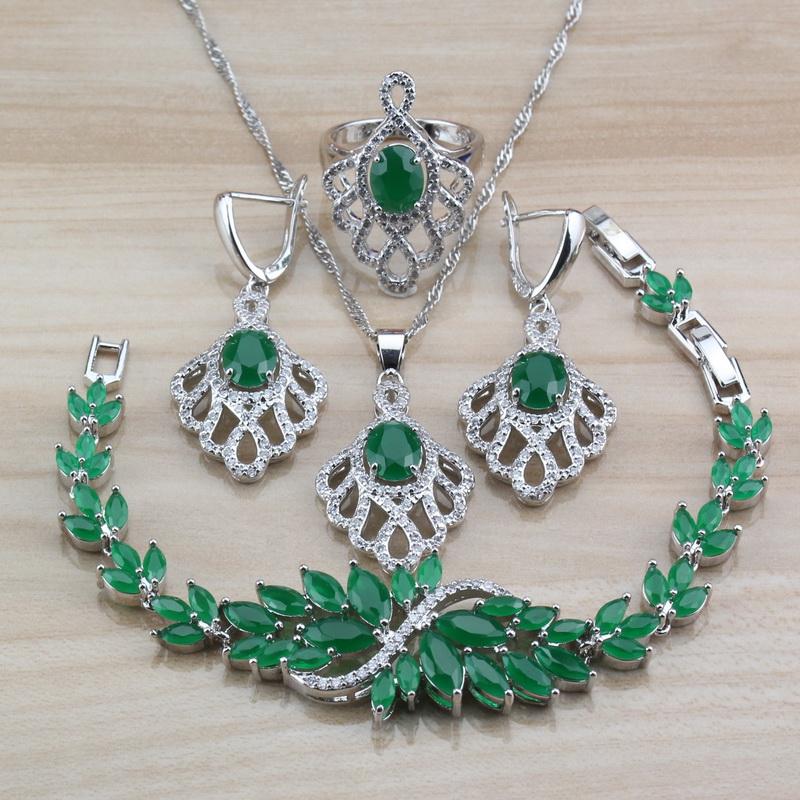 

Earrings & Necklace Green Zircon Big Jewelry Sets Silver Color 4PCS Dangle Bracelet And Ring For Women Fashion Costume, As pic