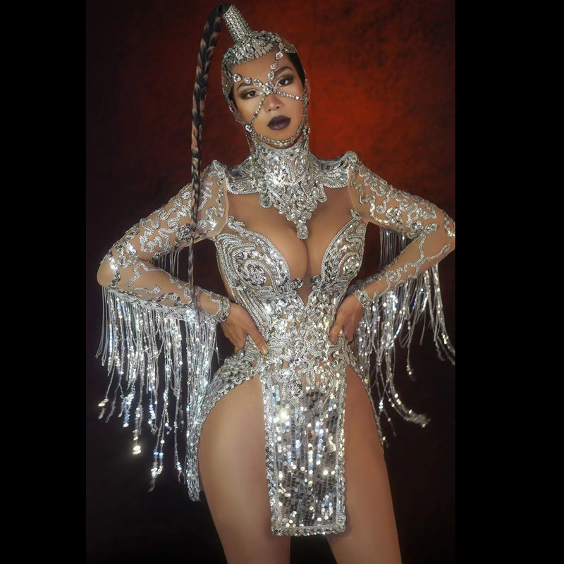 

Women Sexy Stage Wear For Singer Dancer Bar Nightclub Dance Team Gogo Costume Silver Sequins Tassel Sleeve Slit Mini Dress Clubwear Party Show Performance Clothes