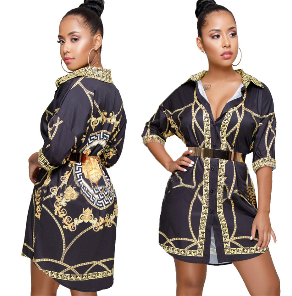 

Designer Womens Dresses Women Fashion Elegant Office Look Work Wear Party Shirt Female Tops Weekend Floral & Chains Print Casual Blouse Clothing, Style 1