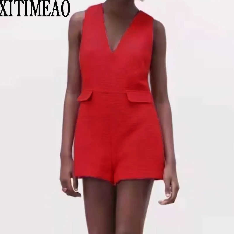 

Za Women Sexy Tweed Vest Shorts V Neck Short Woolen Slim Suspender XITIMEAO 210604, Red