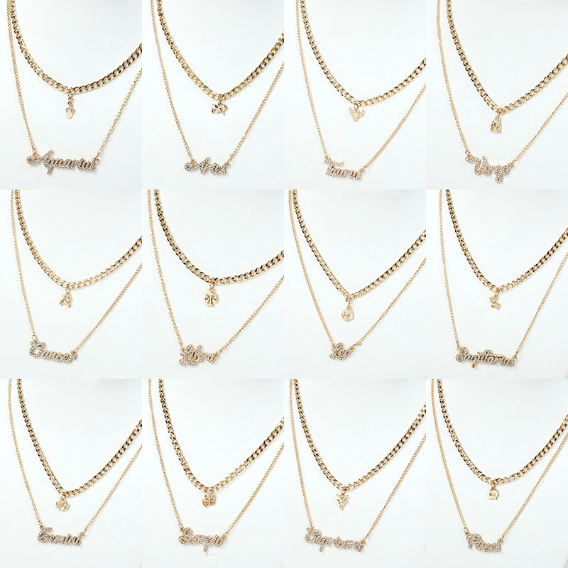 

Twelve Zodiac Letters Diamond Necklace 12 Constellation Pendant Couple Jewelry