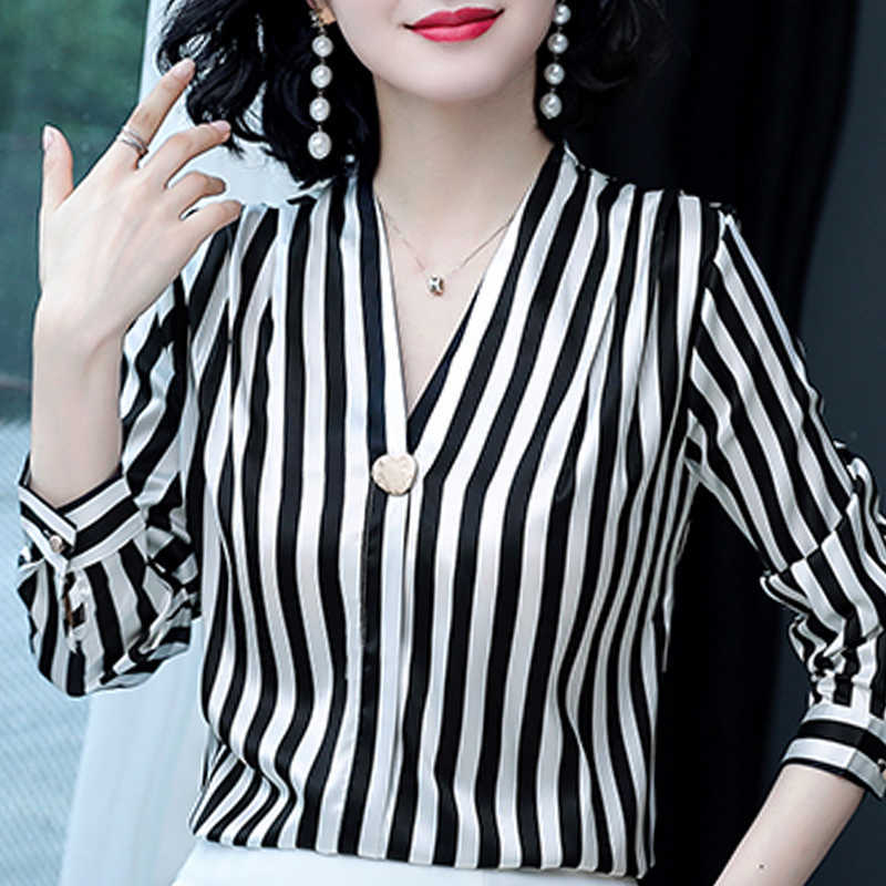 

Blouse Women Blusas Mujer De Moda V-neck Office Blouse Women Blouses Shirts Long Sleeve Striped Chiffon Blouse Shirt D479 210602