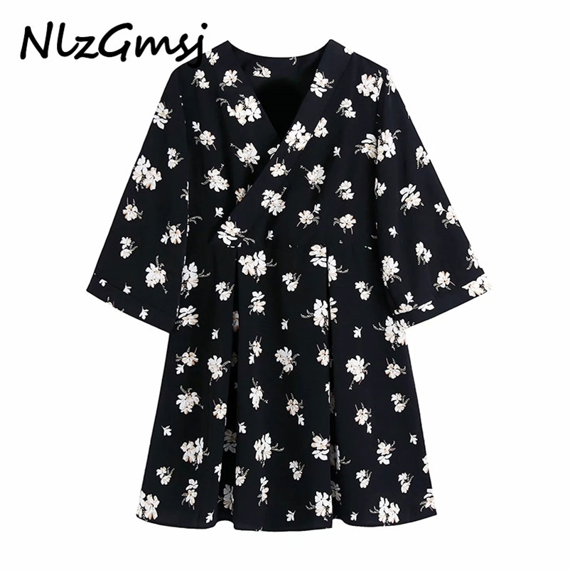 

Dres Long Sleeve Mini Flower Printed V Neck Slim Sexy Pleated es 03 210628, As picture