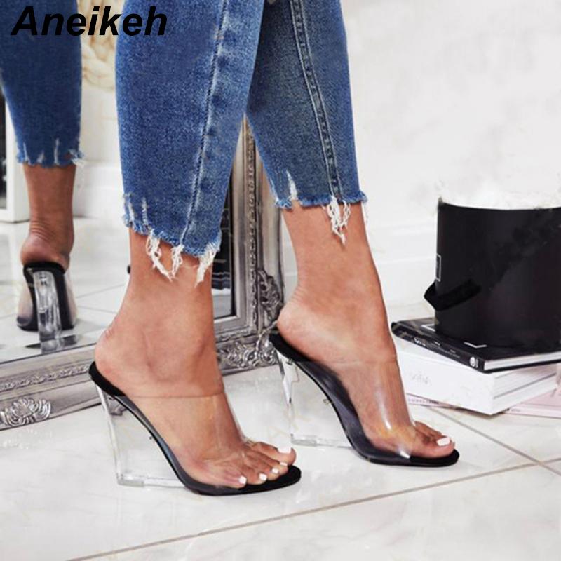 

Slippers Aneikeh Summer 2021 Concise PVC Women Transparent Wedges Round Toed Shoes Slides Outside Casual 35-40 Black Apricot